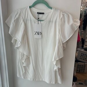 Zara White Ruffle Sleeve Blouse NWT